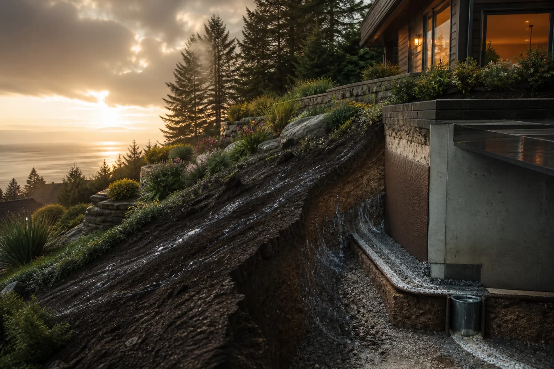 White Rock home with a cutaway view of its perimeter drainage and foundation water-control system